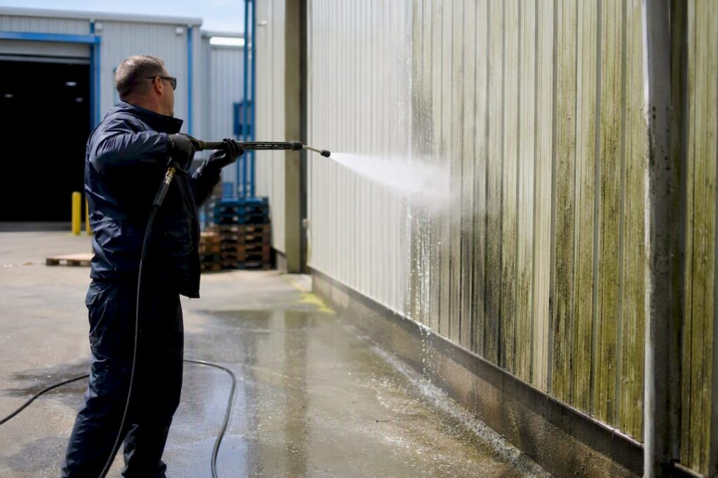 Pressure washing warehouse exterior wall