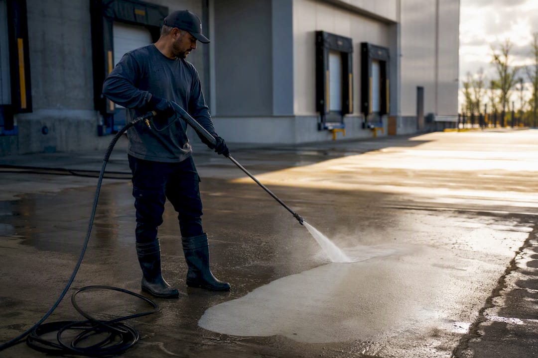 Pressure washing warehouse forecourt concrete