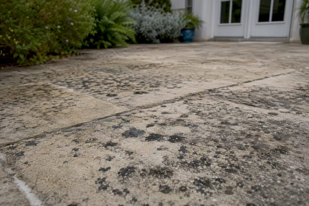 Stone patio with dark crustose lichen spots