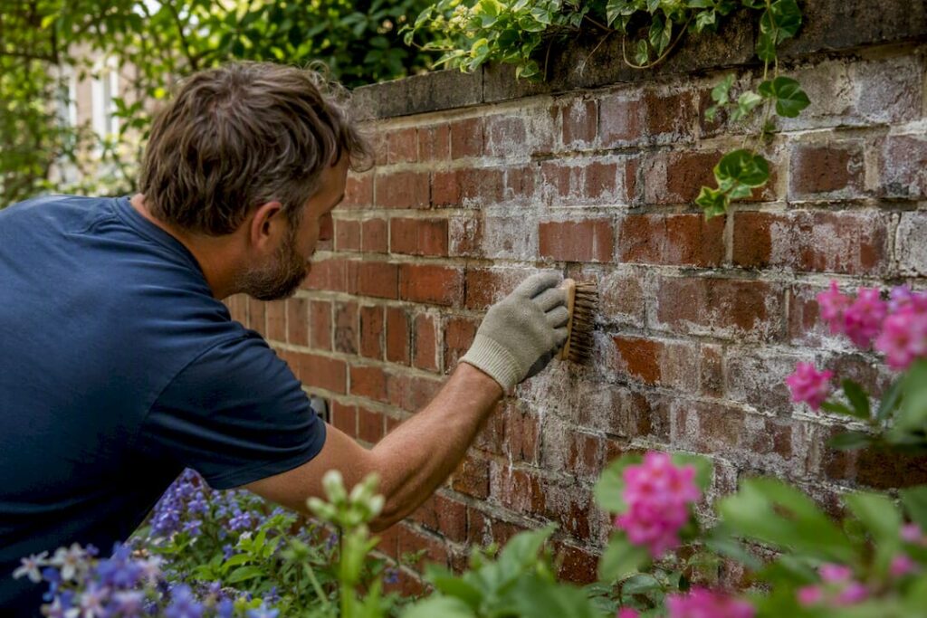 Person scrubbing white salt deposits on brick wall