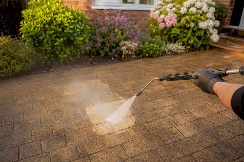 Pressure washing a block paved driveway