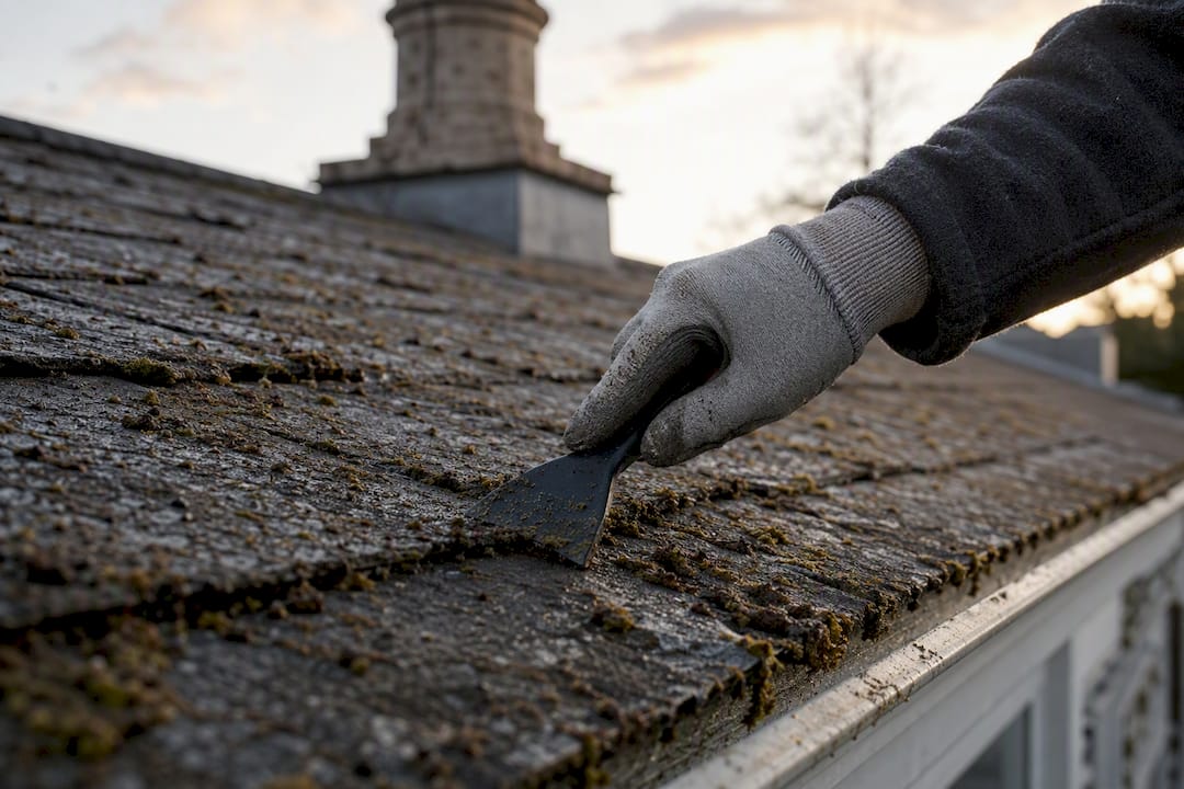 Hand scraping dead moss from roof shingles