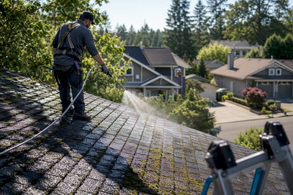 Person spraying moss treatment on roof