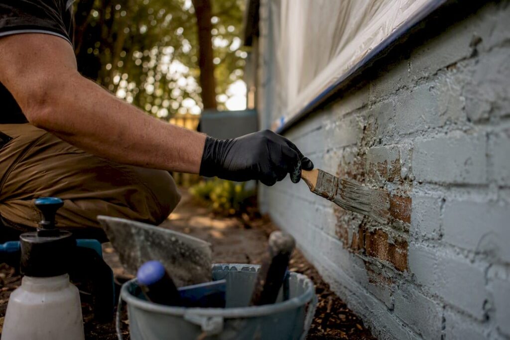 Gloved hand applying chemical gel to brick wall
