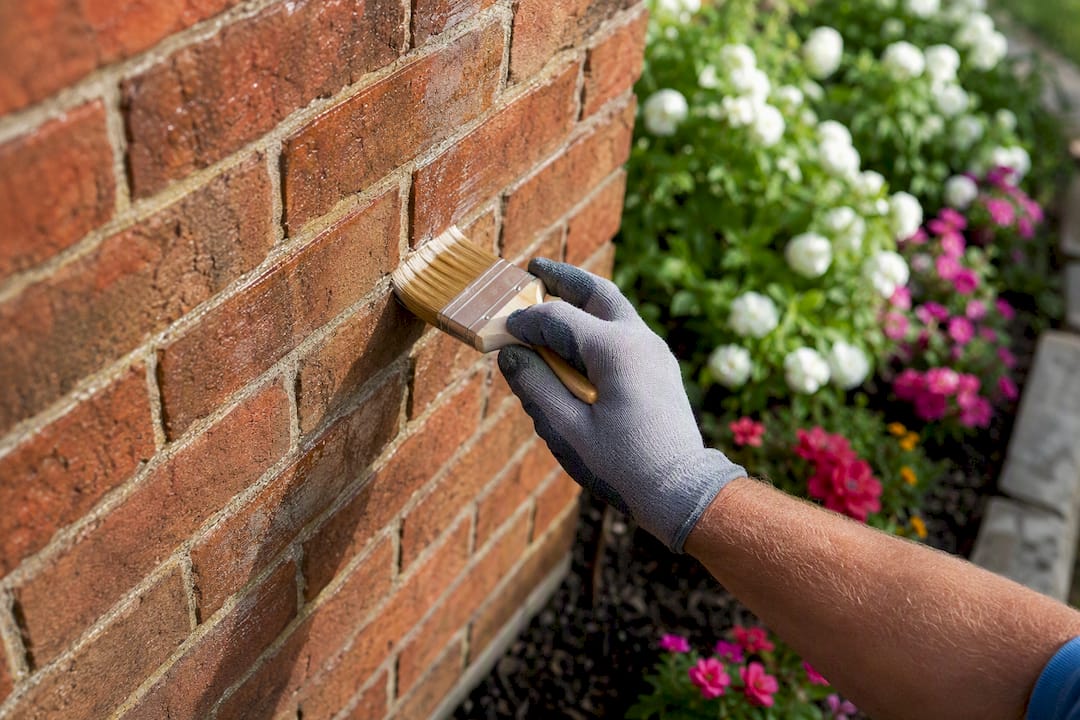 Hand applying breathable sealer on brick wall