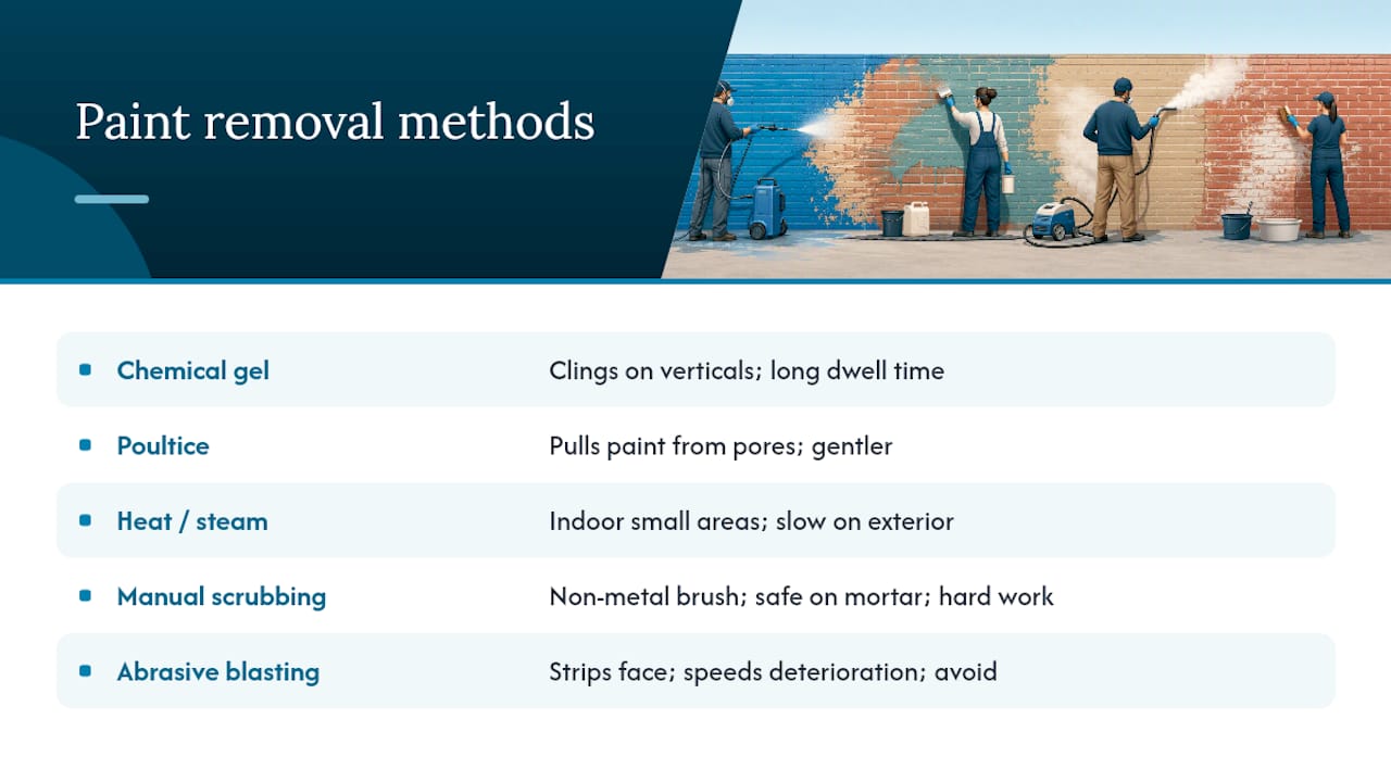 Comparison chart of paint removal methods on brick