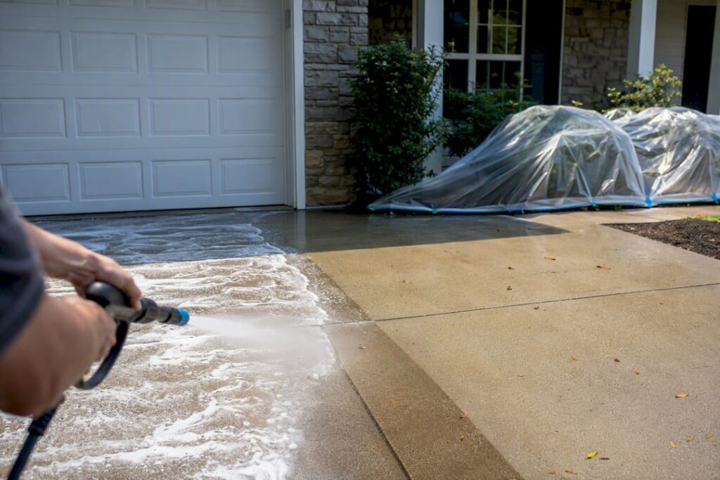 Freshly cleaned house exterior with water spray