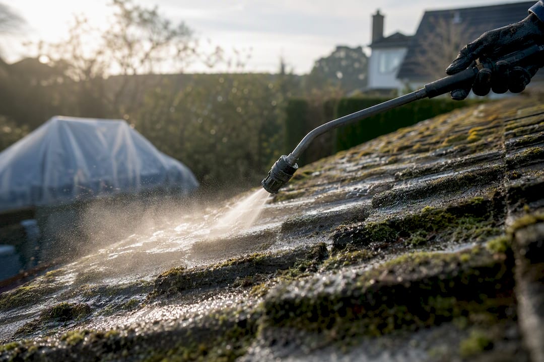 Soft washing solution sprayed on roof moss