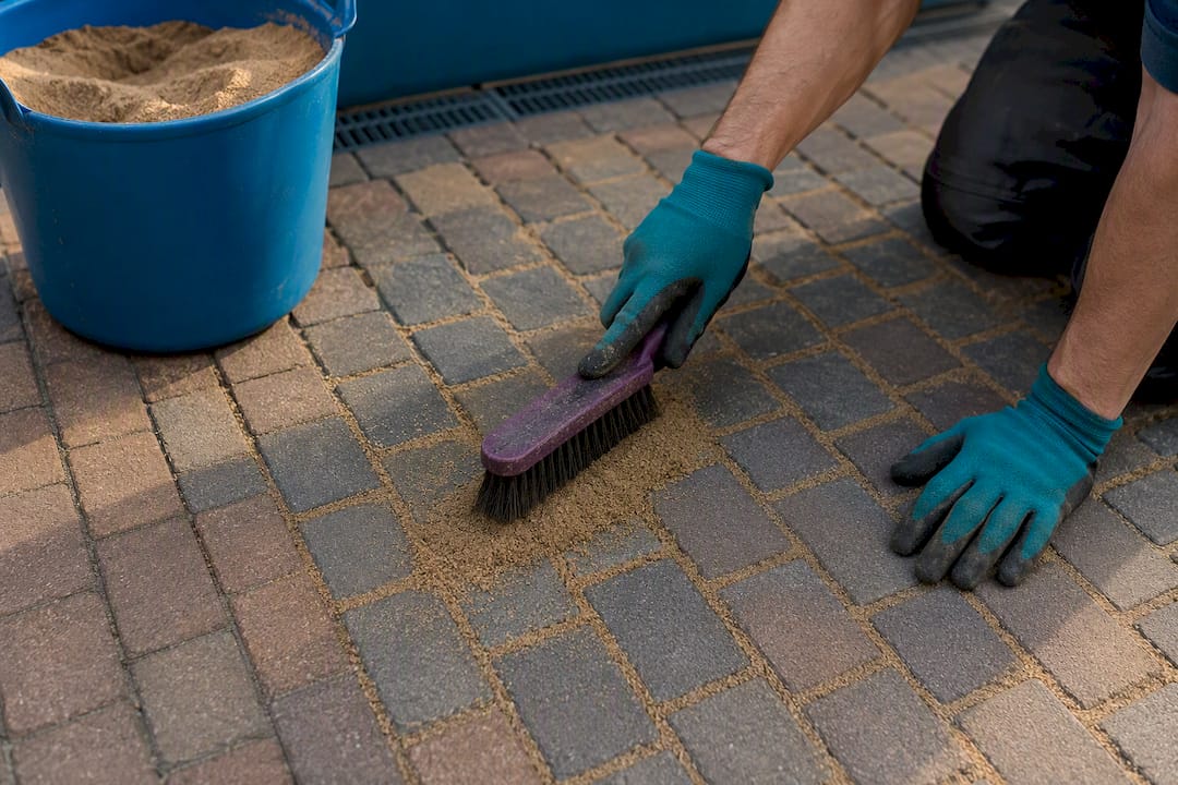 Fresh sand brushed into block paving joints