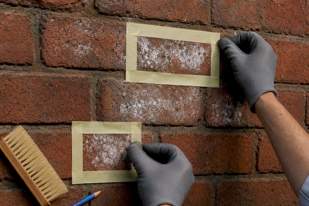 Hands marking efflorescence patches on brick