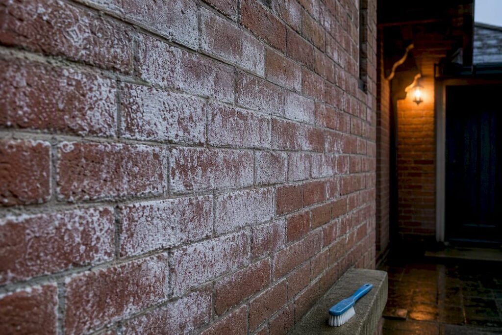 White efflorescence bloom on brick wall