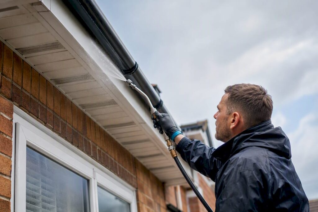 Technician soft washing UK roofline