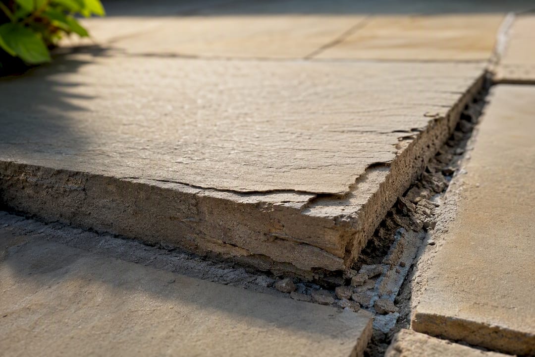 Flaking sandstone and eroded patio joints