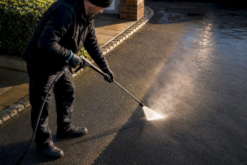 Careful pressure washing of a tarmac driveway