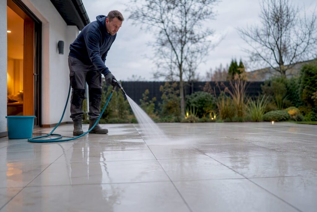 Homeowner gently rinsing porcelain patio tiles