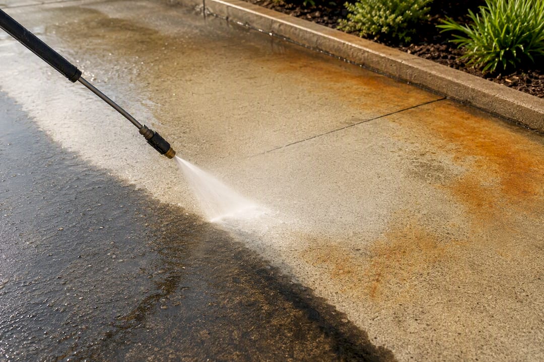 Pressure washing rust-stained concrete driveway