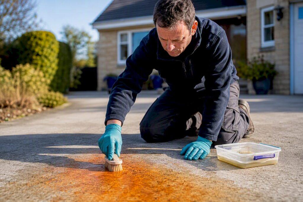 Rust stain treatment on concrete driveway