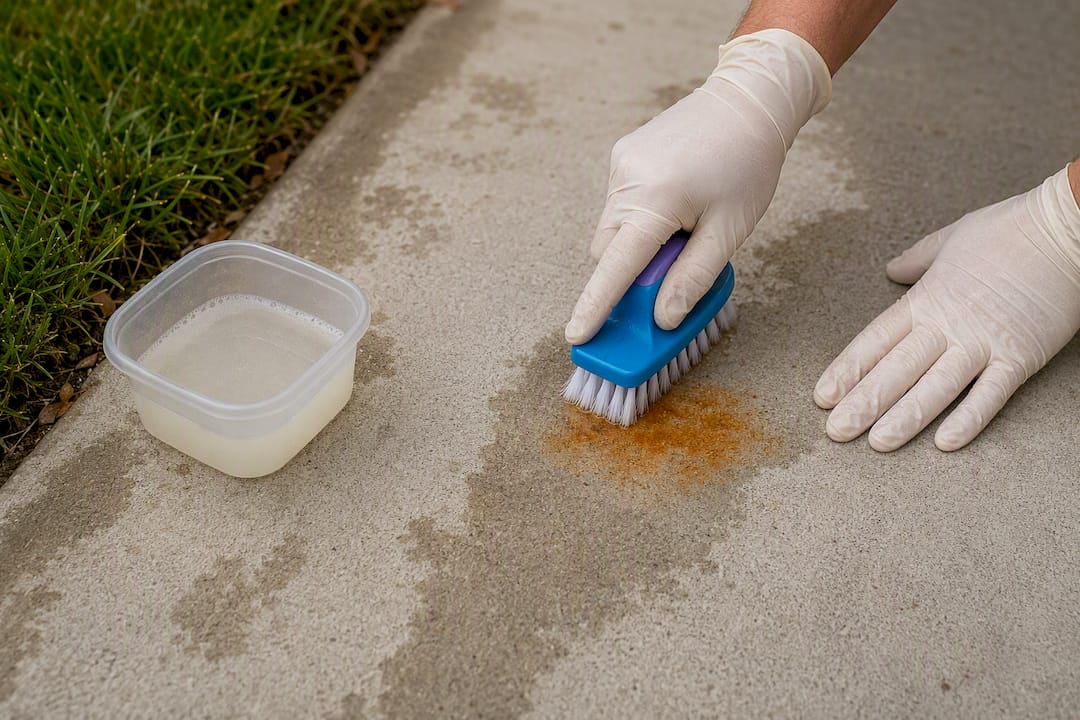 Scrubbing a fresh rust mark on concrete